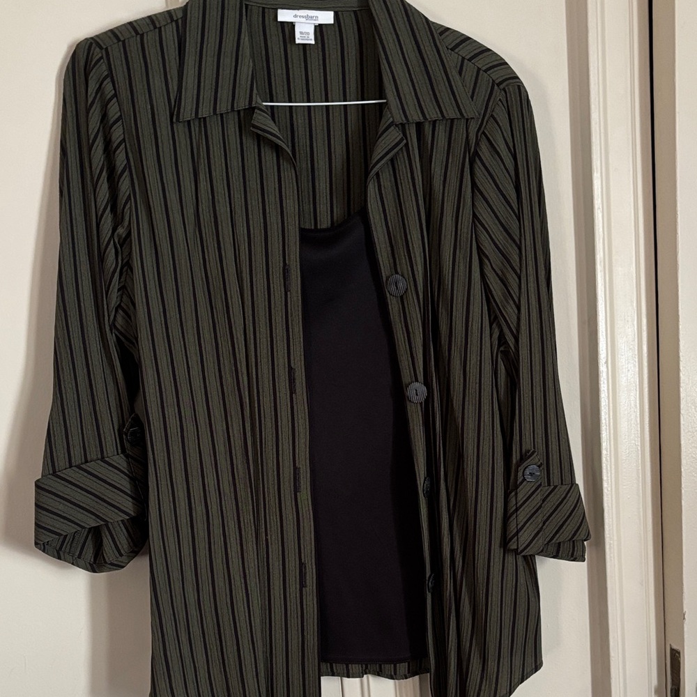 New Directions Black and Green Striped Button Down Shirt